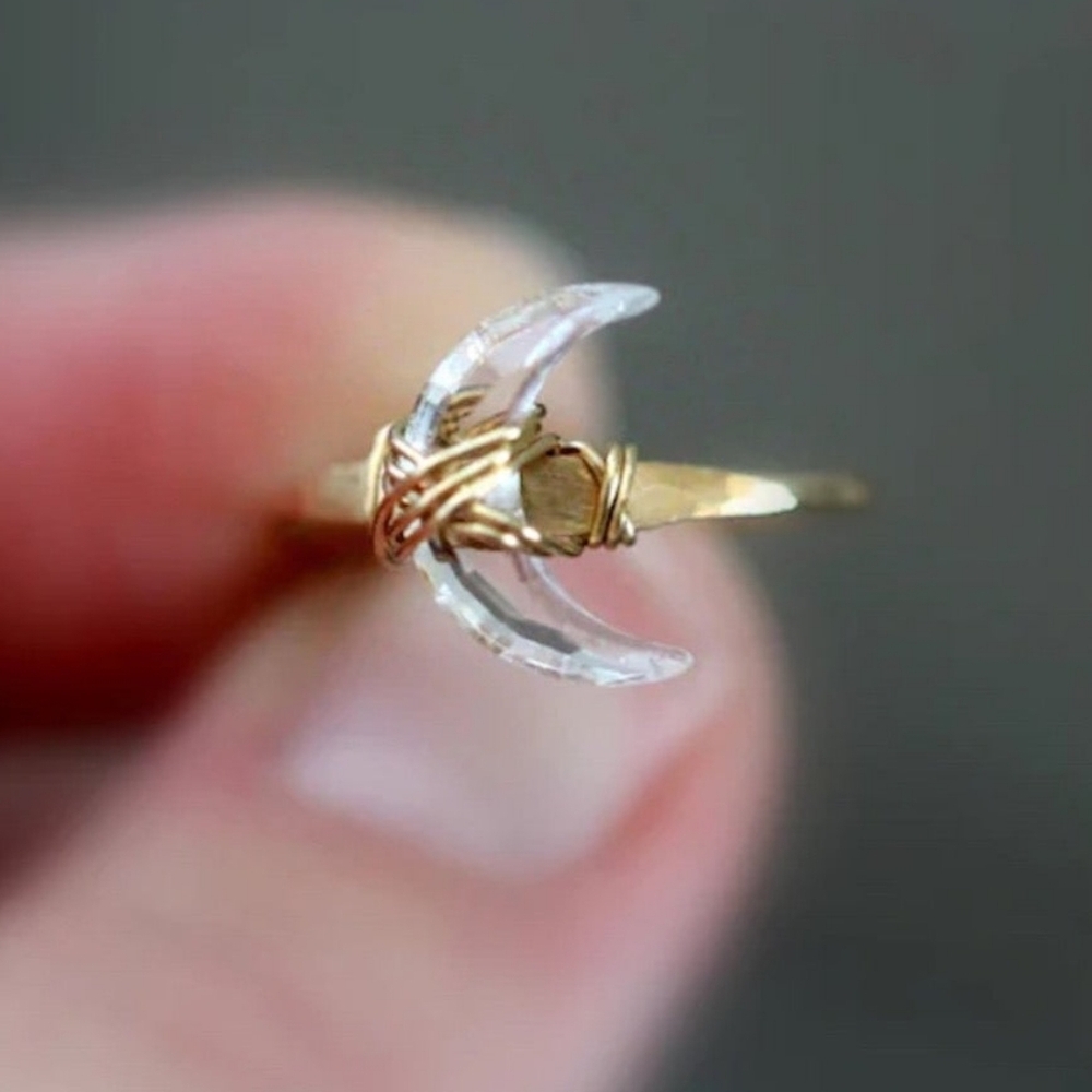 Crystal Quartz Crescent Half Moon 14k Gold Filled Ring Size 5 Handmade - Picture 1 of 2